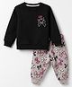 Cucumber Fleece Knit Full Sleeves T-Shirt & Pyjama Night Suit with Hello Beautiful & Bow Print - Black