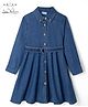 Arias Cotton Woven Denim Long Sleeve Collared Full placke Frock with With Belt in Blue