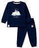 Ollypop Sinker Knit Full Sleeves T-Shirt & Jogger Set With Teddy Bear Patch & Text Print - Navy Blue