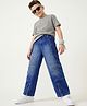 Arias Cotton Mixes Elastane Denim Full Length Woven Wide Leg Mid Wash Jeans With Cut & sew & Zip detailing - Blue