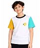 CHILINS Cotton Knit Half Sleeves Stop Pause Play Text Printed Colour Blocked Tee - White Mustard & Green