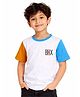 CHILINS Cotton Knit Half Sleeves Skater Crew Text Printed Colour Blocked Tee - White Orange & Sky Blue