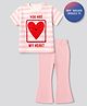 Bonfino 100% Cotton Knit Half Sleeves Oversized T-shirt & Pyjama Set With You Are My Heart Text Print - White & Light Pink