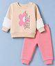 Pepito Fleece Knit Full Sleeves Co-Ords T-Shirt & Pyjama Winter Night Wear with Floral & Typography Print - Pink
