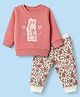 Pepito Fleece Knit Full Sleeves T-Shirt & Pyjama Winter Wear Night Suit with Bunny Patch & Floral Print - Offwhite