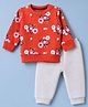 Pepito Fleece Knit Full Sleeves Co-Ords T-Shirt & Pyjama Winter Night Suit with Floral Print - Rust Orange