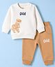 Pepito Fleece Knit Hooded Full Sleeves Winter Wear Suits With Dino Print - White & Brown