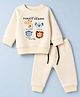 Pepito Fleece Knit Hooded Full Sleeves Winter Wear Suits With Animal & Text Print - Cream