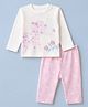 Pepito 100% Cotton Interlock Knit Full Sleeves T-Shirt & Pajama Night Suit with Tiger & Floral Print - White & Pink