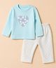 Pepito 100% Cotton Interlock Knit Full Sleeves T-Shirt & Pajama Night Suit with Heart, Polka Dots & Floral Print - White & Light Blue