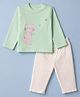 Pepito 100% Cotton Interlock Knit Full Sleeves T-Shirt & Pajama Night Suit with Cat & Hearts Print - Off White & Mint