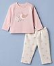 Pepito 100% Cotton Interlock Knit Full Sleeves T-Shirt & Pajama Night Suit with Bird & Floral Print - Off White & Pink