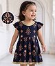 EARTHY TOUCH 100% Cotton Jersey Knit Ethnic Dress with Half Sleeves and Damask Print in Navy Blue