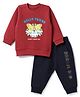 Zero Looper Knit Full Sleeves T-Shirt With Tiger & Text Print & Joggers - Maroon