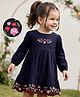 Babyhug Woven Dress with Full Sleeves and Floral Embroidery in Navy Blue