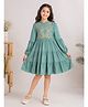 Bella Moda Cotton Woven Three Fourth Sleeves Floral Embroidered Dress- Green