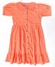 Bella Moda Cotton Woven Puffed Sleeves All over self designed Schifflie Dress - Peach
