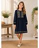 Bella Moda Cotton Woven Full Sleeves Dress With Floral Embroidery - Navy Blue