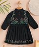 Bella Moda Cotton Woven Three Fourth Sleeves Dress With Floral Embroidery - Black