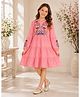 Bella Moda Cotton Woven Dress with Full Sleeves and Floral Embroidery - Pink