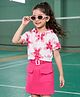 OLLINGTON ST. Cotton Sinker Knit Half Sleeves Floral Printed Hooded Top & Skirt Set - Pink
