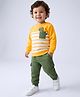 Babyhug Single Jersey Knit Full Sleeves Striped T-Shirt & Lounge Pant Set with Dino Applique - Yellow