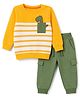 Babyhug Single Jersey Knit Full Sleeves Striped T-Shirt & Lounge Pant Set with Dino Applique - Yellow