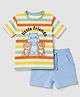 Babyhug Single Jersey Knit Half Sleeves Striped T-Shirt & Shorts Set With Bear & Text Print - Blue
