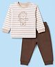 Zero Sinker Knit Full Sleeves Striped Tshirt With Teddy Print And Joggers - Brown