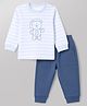 Zero Sinker Knit Full Sleeves Striped Tshirt With Teddy Print And Joggers - Blue