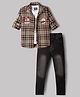 Dapper Dudes Cotton Mixes Woven Full Sleeves Checked Shirt With Text Printed Tee & Pant Set- Green