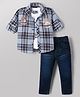Dapper Dudes Cotton Mixes Woven Full Sleeves Checked Shirt With Text Printed Tee & Pant Set- Blue