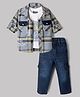 Dapper Dudes Cotton Woven  Full Sleeves Checked Shirt & Jeans Set With Text Printed Tee - Blue