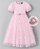 Hola Bonita Knit Puffed Sleeves Party Wear Glitter Dress With Belt & Flower Applique - Pink
