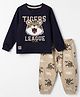 Mini Donuts Single Jersey Knit Cotton Full Sleeves T-Shirts and Joggers with Tiger Print - Charcoal Grey & Beige