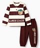 Mini Donuts Cotton Single Jersey Knit Full Sleeves T-Shirt and Joggers with Bear Applique & Text Print in Brown