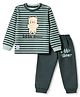 Mini Donuts Single Jersey Knit Full Sleeves Striped T-Shirt & Joggers Set with Bear & Text Print - Green