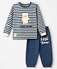 Mini Donuts Single Jersey Knit Full Sleeves Striped T-Shirt & Joggers Set with Bear & Text Print - Navy Blue
