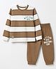 Mini Donuts Single Jersey Knit Full Sleeves Striped T-Shirt & Joggers Set With Text Print - Brown