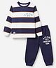 Mini Donuts Single Jersey Knit Full Sleeves Striped T-Shirt & Joggers Set With Text Print - Navy Blue