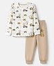 Mini Donuts Single Jersey Knit Full Sleeves T-shirt and Joggers Set With Vehicle Print - Beige