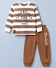 Mini Donuts Cotton Single Jersey Knit Full Sleeves Striped T-Shirt & Joggers Set With Text Print - Brown