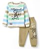 Mini Donuts Single Jersey Knit Full Sleeves Stripes T-shirt and Joggers Set With Cartoon Print - Brown