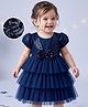 Babyhug Woven Half Puffed Sleeves Layered Party Dress With Sequinned Bow - Navy Blue