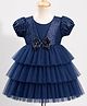 Babyhug Woven Half Puffed Sleeves Layered Party Dress With Sequinned Bow - Navy Blue