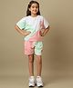 Kidsville Cotton Knit Mattel Featuring Half Sleeves Barbie Text Printed Colour Blocked Tee & Shorts Set - Green & Pink