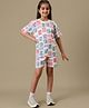 Kidsville Cotton Knit Half Sleeves Unicorn Theme Checked Coordinating Tee & Shorts Set - Pink & Blue & White