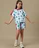 Kidsville Cotton Knit Looney Tunes Featuring Half Sleeves Characters Theme Checked Coordinating Tee & Shorts Set - Blue & White
