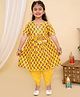 Superminis Cotton Woven Three Fourth Sleeves Jaipuri Floral Motif Printed Kurta With Coordinating Gota Lace Embellished Overlapped Dhoti - Yellow - 18-24m - Cotton - (18 to 24 Month)