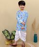 Superminis Cotton Woven Full Sleeves Animals Print Side Open Dhoti Kurta Set - White & Sky Blue
